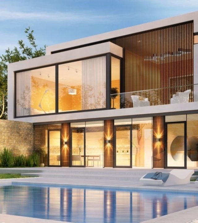 A rendering of a modern house with a swimming pool in the backyard.